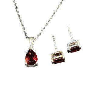 New STS 925 Sterling Silver Red Garnet Teardrop Pendant Necklace Stud Earrings